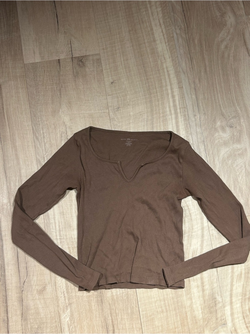 Brandy Melville Brown Ribbed Long Sleeve Notch Top